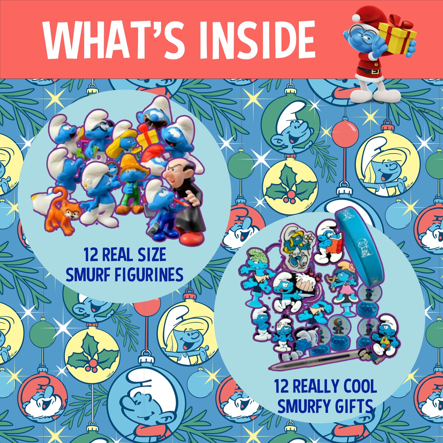 The original SMURFS countdown Calendar 2025 Collectible Cartoon Toys for Boys and Girls, 12 Figurines + 12 SMURFY gifts! Ages 3+. 24 Pieces
