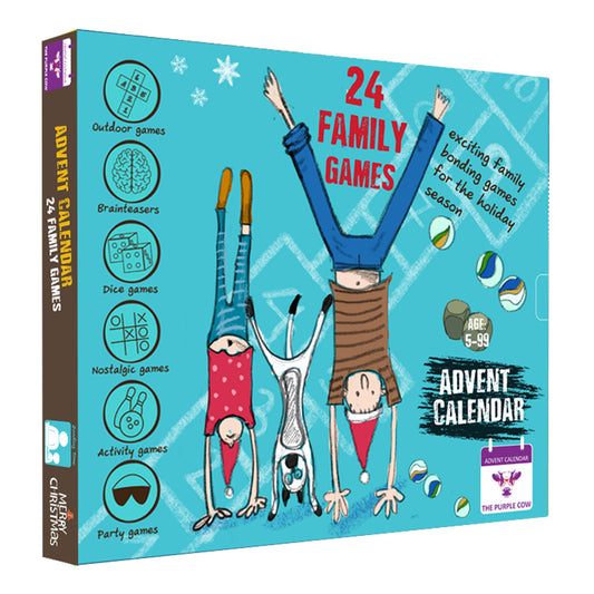 Advent Calendar 2023  FAMILY GAMES by The Purple Cow. 24 OF THE BEST EVER FAMILY GAMES IN ONE BOX – put the screen aside and enjoy hours and hours of FUN. Comes with a step-by-step picture guide. For kids aged 6 and above.