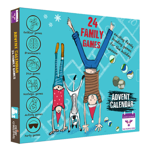 Advent Calendar 2025 FAMILY GAMES by The Purple Cow. 24 OF THE BEST EVER FAMILY GAMES IN ONE BOX – put the screen aside and enjoy hours and hours of FUN. Comes with a step-by-step picture guide. For kids aged 6 and above.