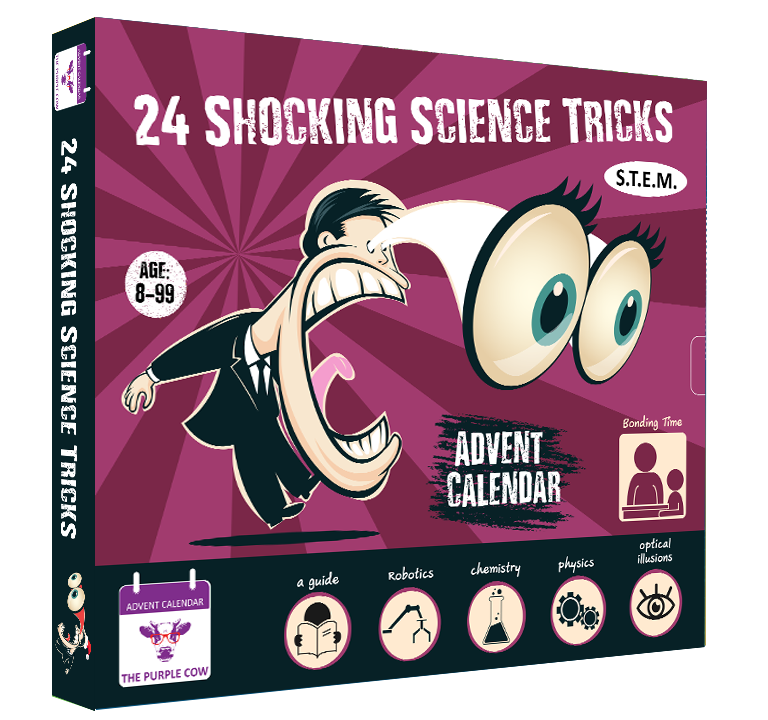 Advent Calendar 2023 SHOCKING SCIENCE by The Purple Cow. 24 Jaw-dropping Science Tricks for Kids aged 8 and above. The perfect S.T.E.M gift! By THE PURPLE COW ADVENT